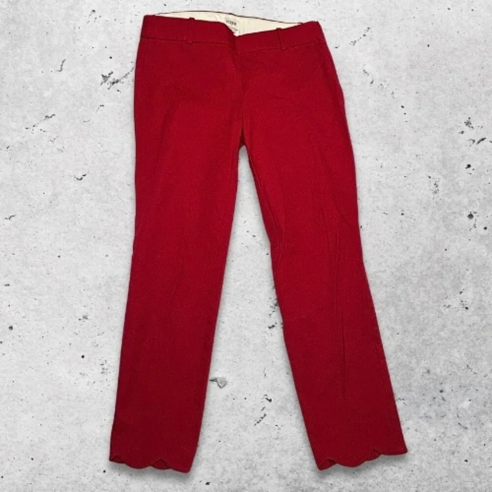 J.Crew Winnie Pants Cropped Scalloped Hem Side Zip Closure‎ Stretch Fabric Red 4